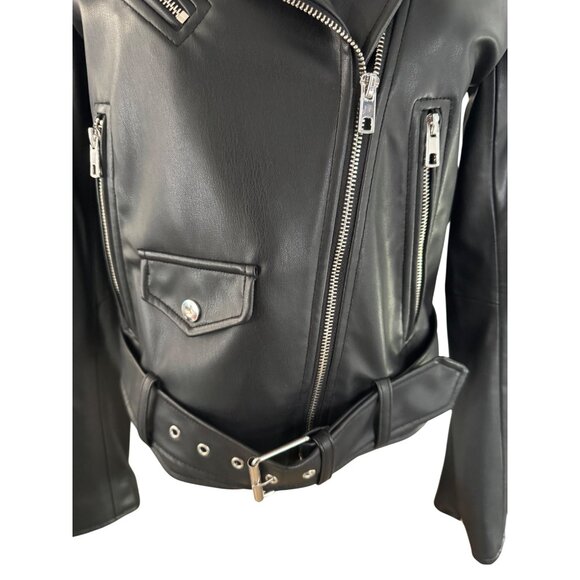 ZARA Small Black Faux Leather Belted Jacket Belted Waist & Zipper Pockets - Picture 5 of 15